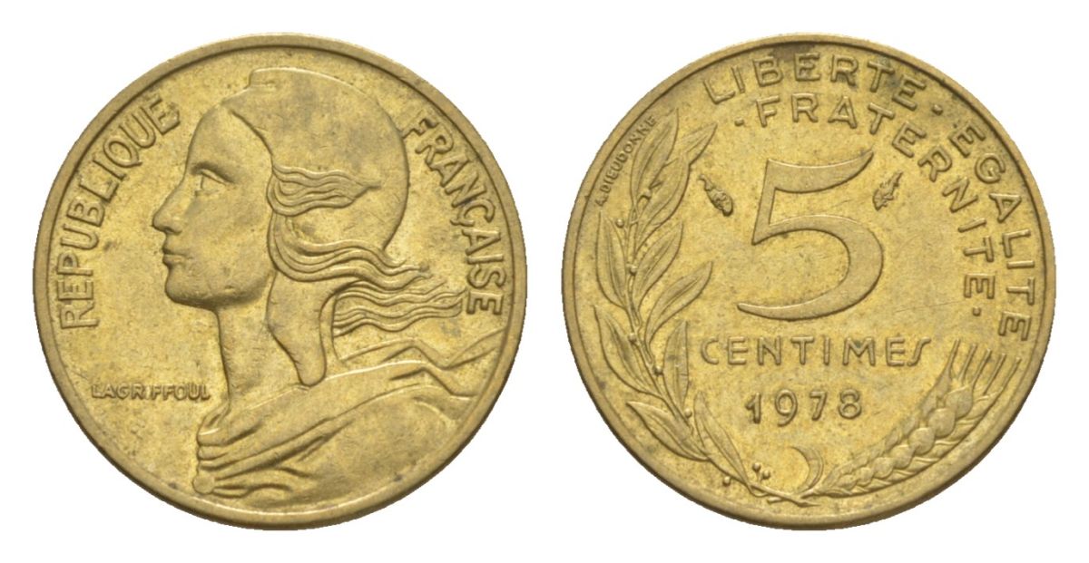 Франция 5 сантимов 1978 тип Morlon KM 933, Le Franc 125.14 алюминиевая бронза UNC 4630-333