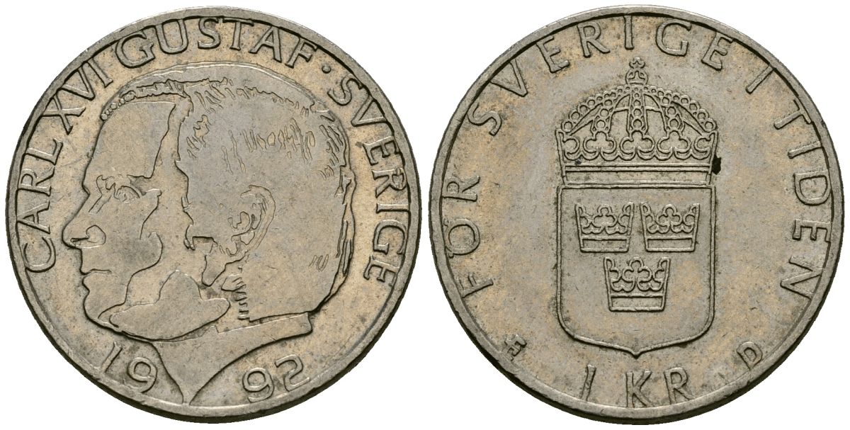 Швеция 1 крона 1992 Карл XVI Густав (1973- ) KM 852a медно-никель 4167-446