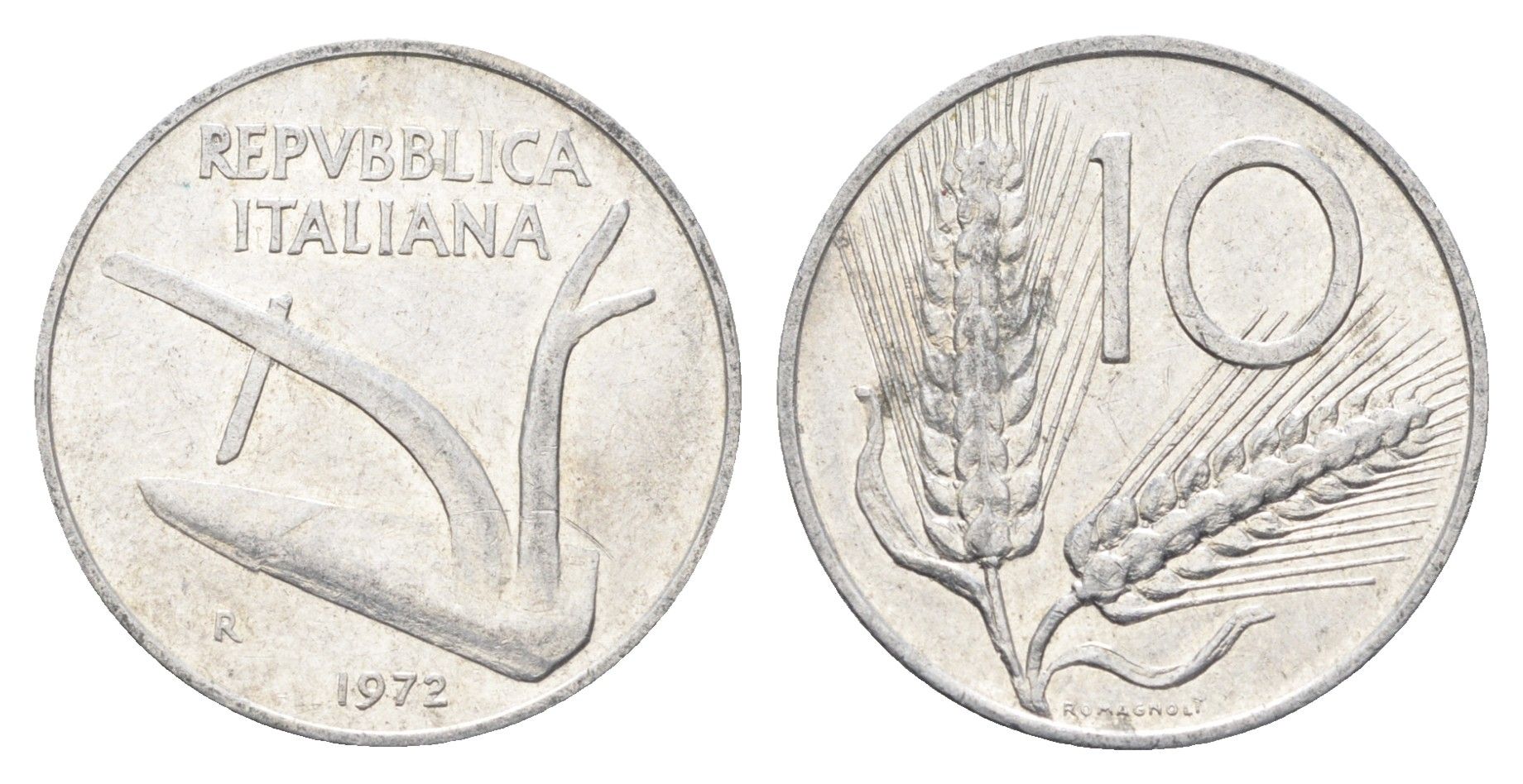 Италия 10 лир 1972 R, плуг, колосья KM 93 алюминий 4704-541