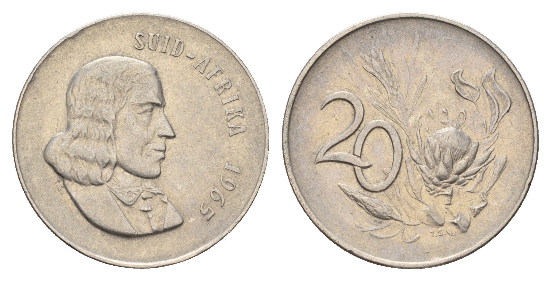 ЮАР 20 центов 1965 Ян ван Рибек (1619-1677), Suid Africa, легенда на африкаанс, цветок протея KM 69.2 никель 4671-1033