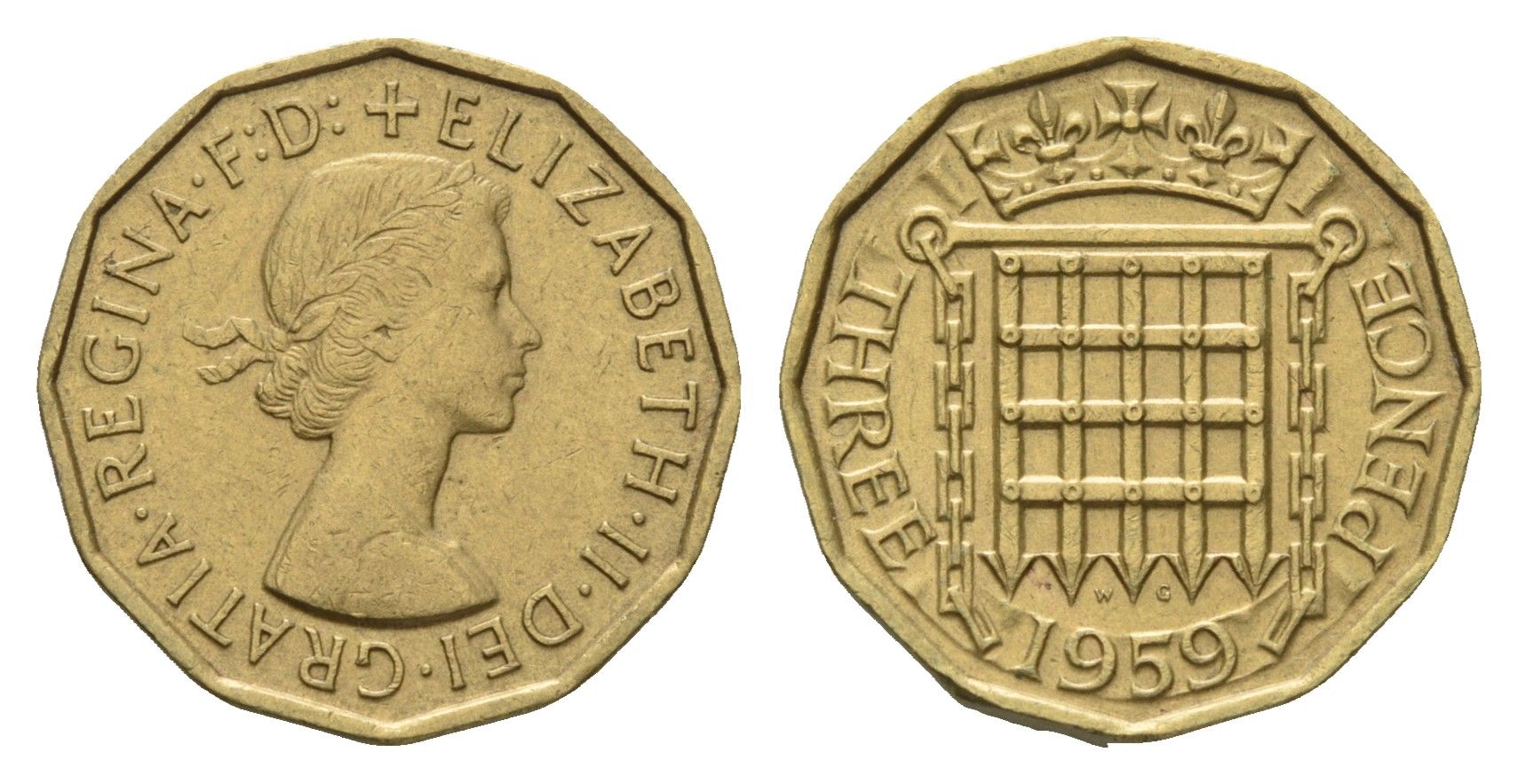 Великобритания 3 пенса 1959 Елизавета II (1952-2022) KM 900, Spink 4153 никель латунь 4121-615