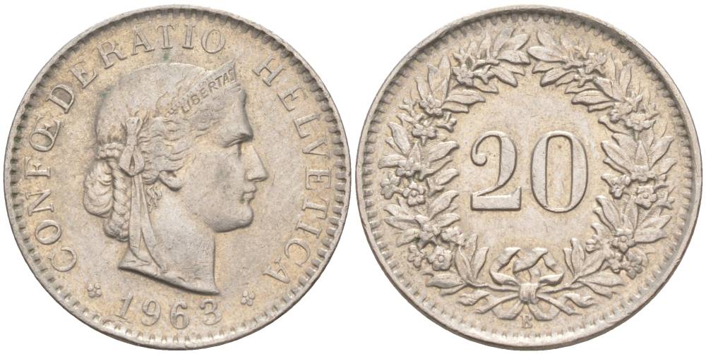 ШВЕЙЦАРИЯ 20 РАППЕНОВ 1963 В KM 29a медно-никель 55-833