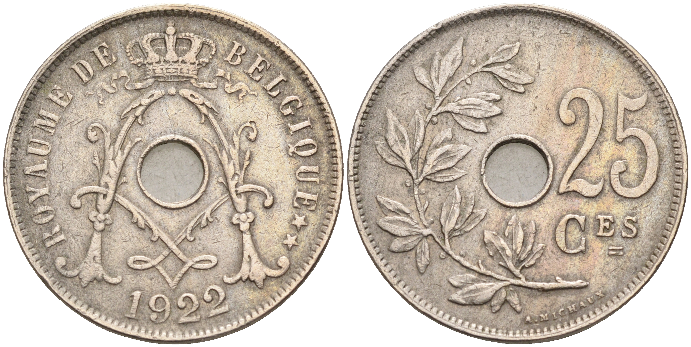 БЕЛЬГИЯ 25 САНТИМОВ 1922 BELGIQUE KM 68.1 медно-никель 4589-744