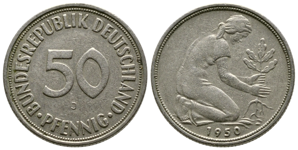 ФРГ 50 ПФЕННИГОВ 1950 J KM 109.1, J. 384 медно-никель 41-1157