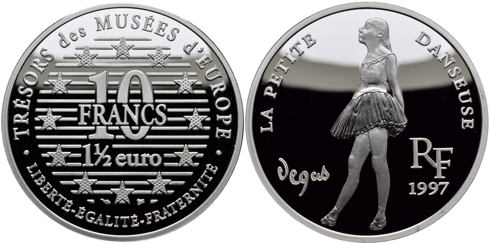 Франция 10 франков = 1 1/2 евро 1997 серия сокровища музеев Европы, танцовщица, Дега KM 1292 серебро PROOF 1076-9-64