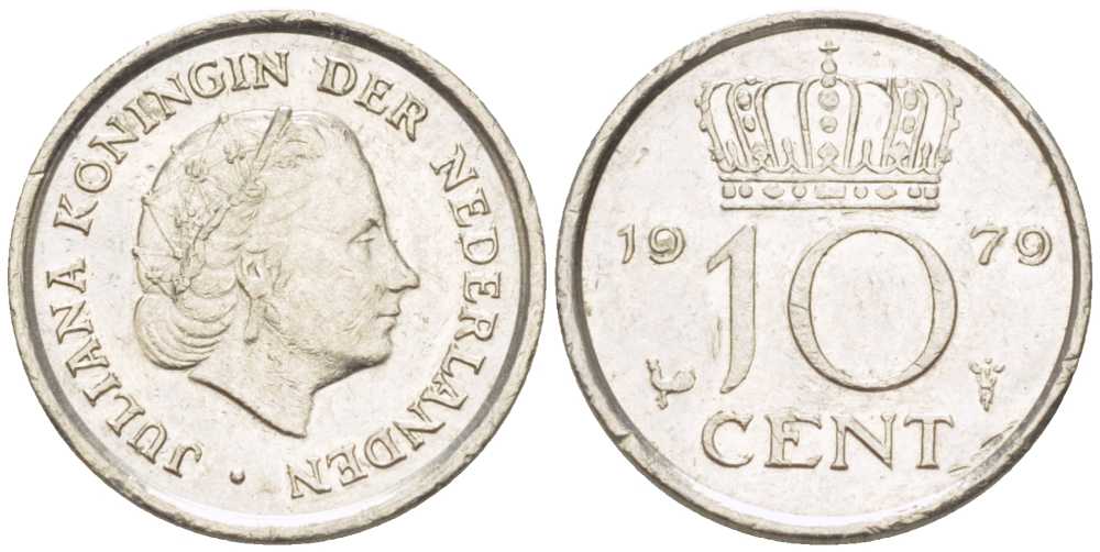 НИДЕРЛАНДЫ 10 ЦЕНТОВ 1979 ЮЛИАНА (1948-1980) KM 182 никель 211-1243