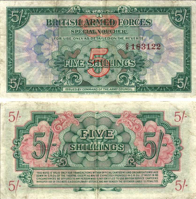 АНГЛИЯ 5 ШИЛЛИНГОВ 1946 ПЕРВАЯ СЕРИЯ, ДЛЯ ВООРУЖЕННЫХ СИЛ, СПЕЦИАЛЬНЫЙ ВАУЧЕР Pick M13a бумага VF 7207-12-3-2