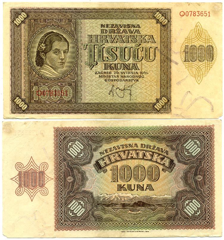Хорватия 1000 кун 1941 женщина, горы Велебит Pick 4 бумага 3295-38-1