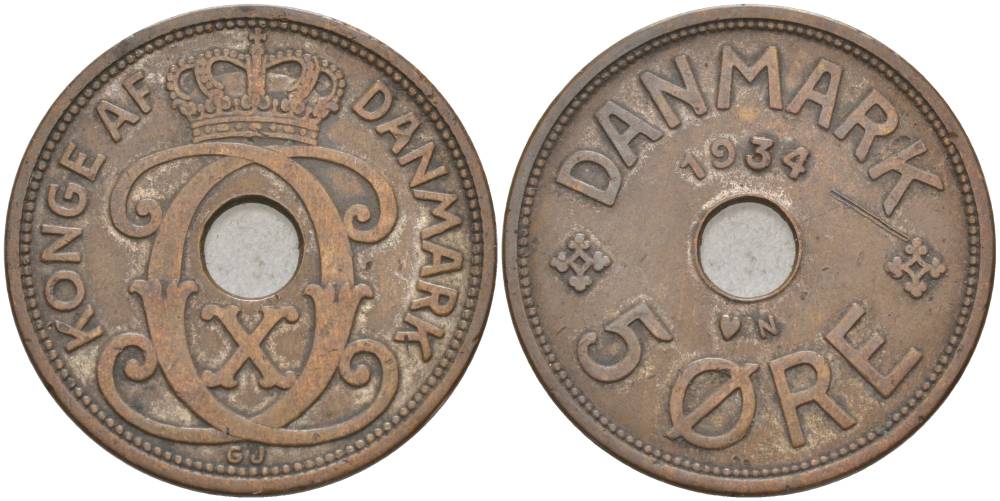 ДАНИЯ 5 ЭРЕ 1934 N; GJ, КРИСТИАН X (1912-1947) KM 828.2 бронза 69-532