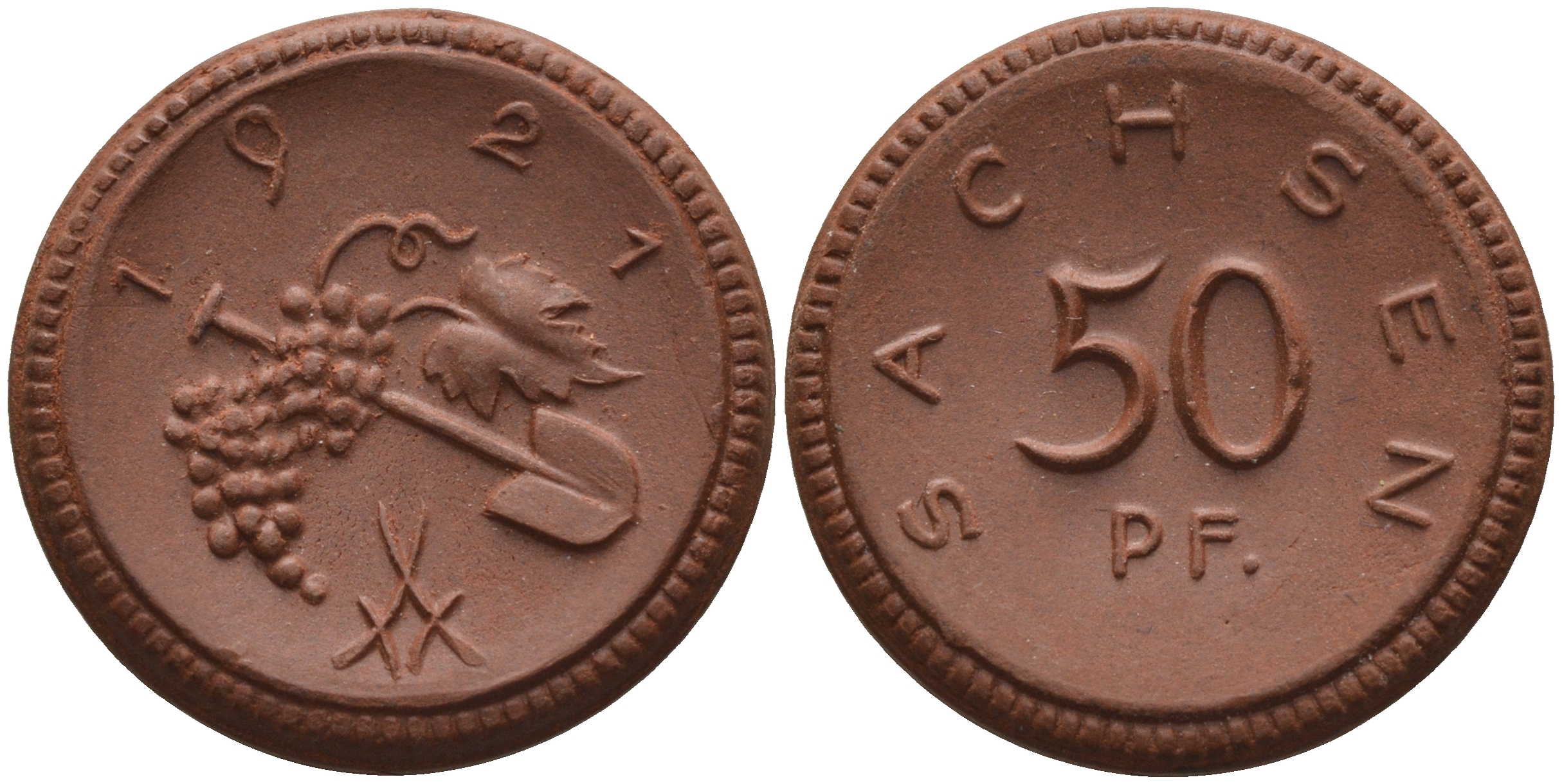 Саксония 50 пфеннигов 1921 виноград и лопата J. N 54 фарфор 1094-5-64