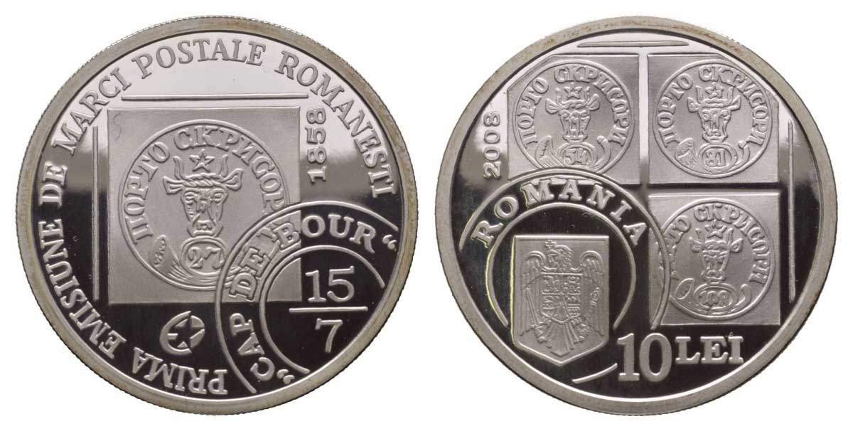Румыния 10 леев 2008 150 лет первой молдавской марки, тираж 500 экземпляров KM 230 серебро PROOF 00-801-27