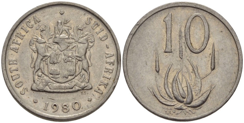 ЮАР 10 ЦЕНТОВ 1980 ГЕРБ, ЦВЕТОК АЛОЭ KM 85 никель 67-422