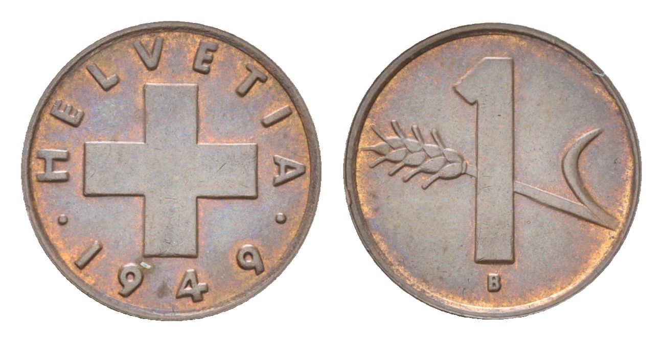 Швейцария 1 раппен 1949 B KM 46 бронза 4705-1162