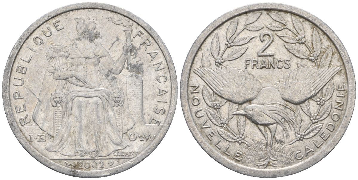 Французская Новая Каледония 2 франка 2002 птица кагу, (IEOM) KM 14, Schoen 11, Lec 68g алюминий    28-617