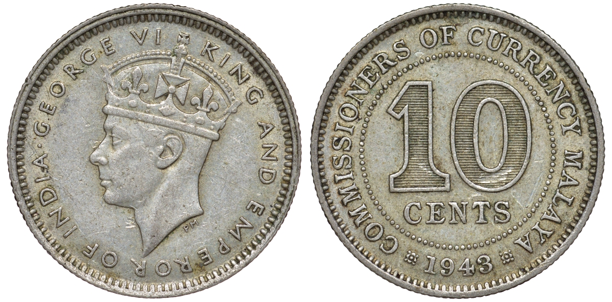Британская Малайя 10 центов 1943 Георг VI (1937-1952) KM 4a серебро 53-224