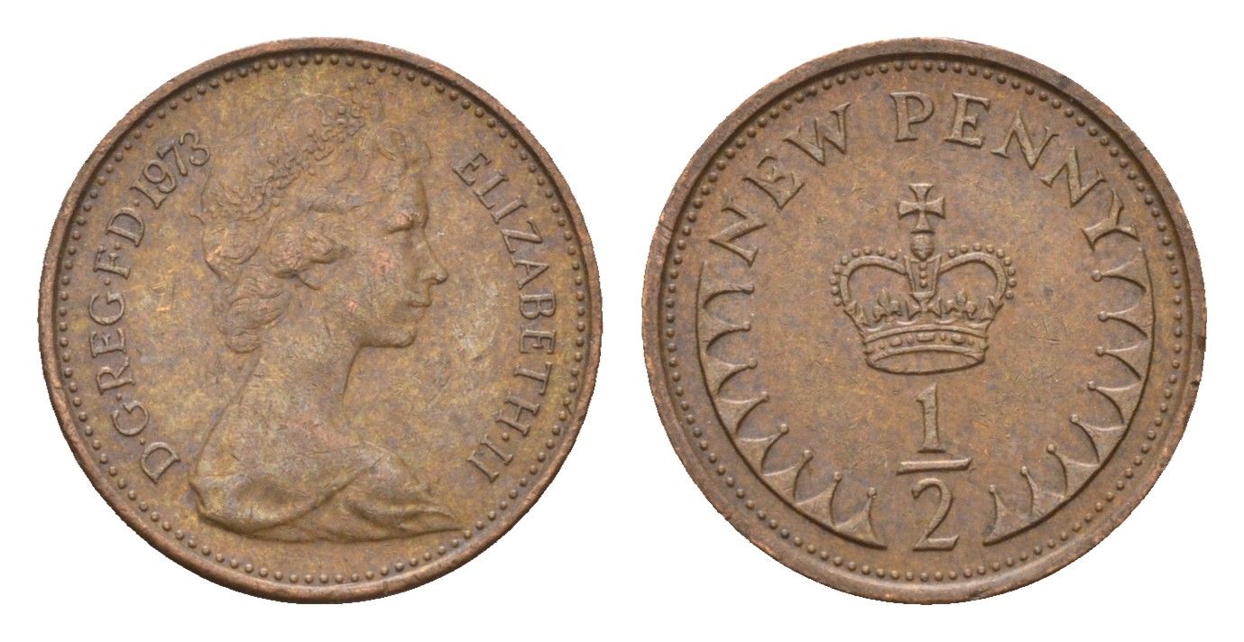 Великобритания 1/2 пенни 1973 Елизавета II (1952-2022) KM 914, Spink 4239 бронза 4697-869