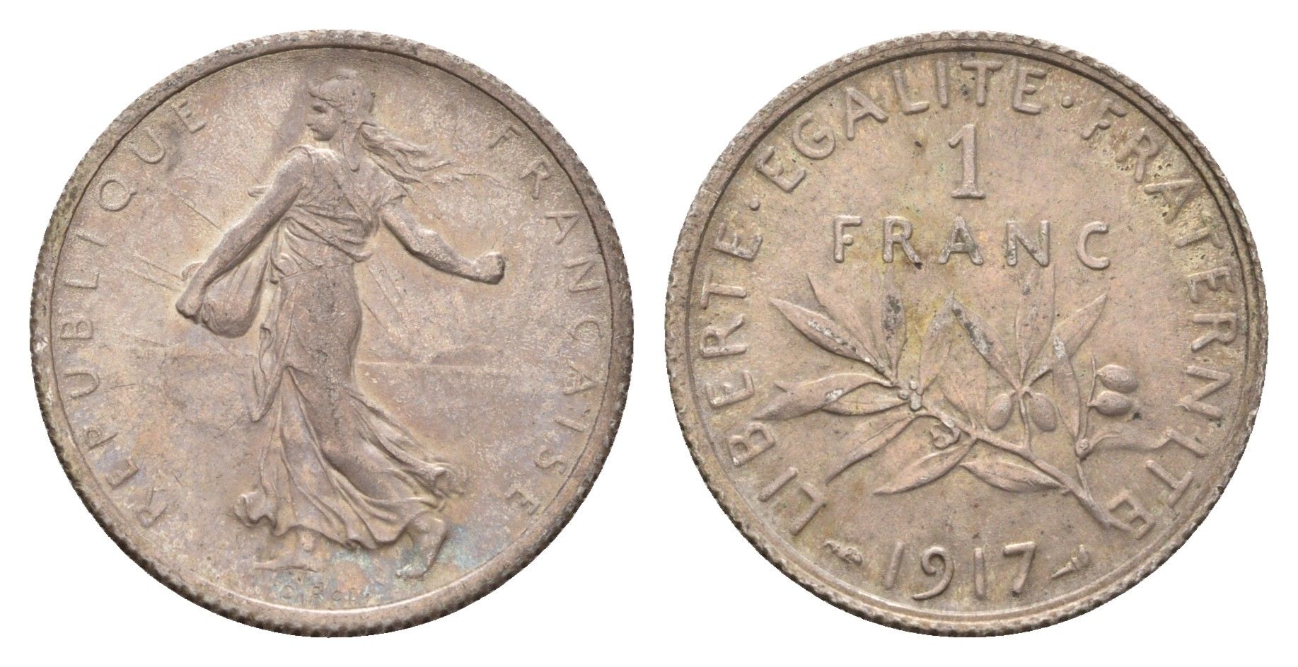 Франция 1 франк 1917 KM 844 серебро 93-247