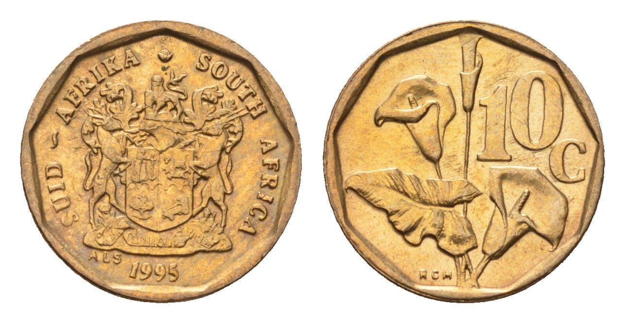 ЮАР 10 центов 1995 герб, цветок алоэ KM 135 сталь плакированная бронзой UNC 4694-718