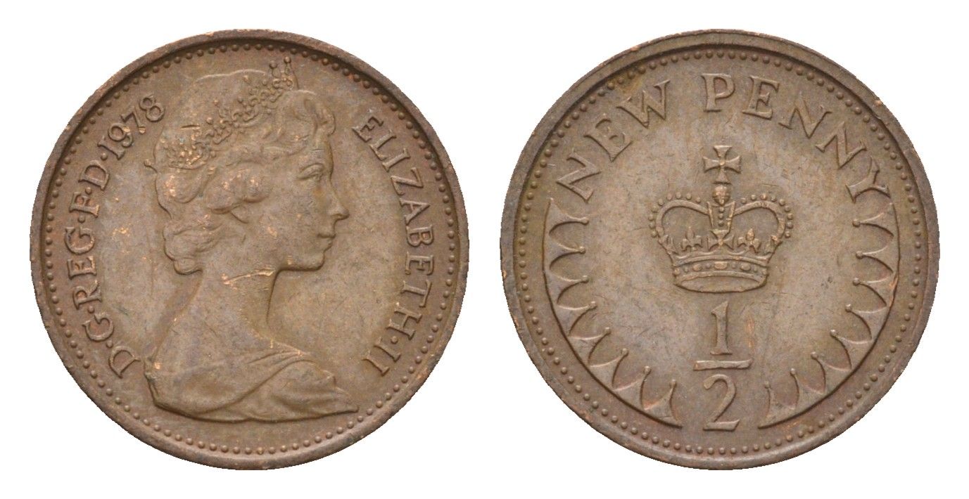 Великобритания 1/2 нового пенни 1978 Елизавета II (1952-2022) KM 914, Spink 4239 бронза 4674-425