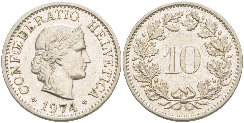 Швейцария 10 раппенов 1974 KM 27 медно-никель 4529-327