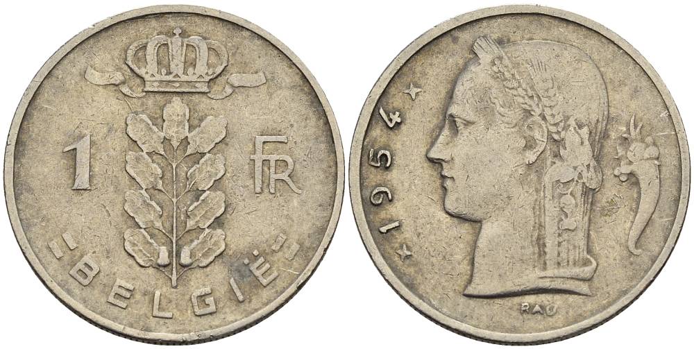 БЕЛЬГИЯ 1 ФРАНК 1954 BELGIE KM 143.1 медно-никель 4546-341