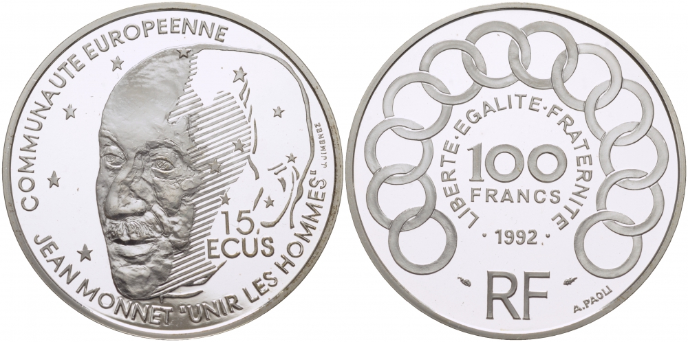 Франция 100 франков - 15 экю 1992 Жан Монне KM 1012 серебро  PROOF 1077-7-21