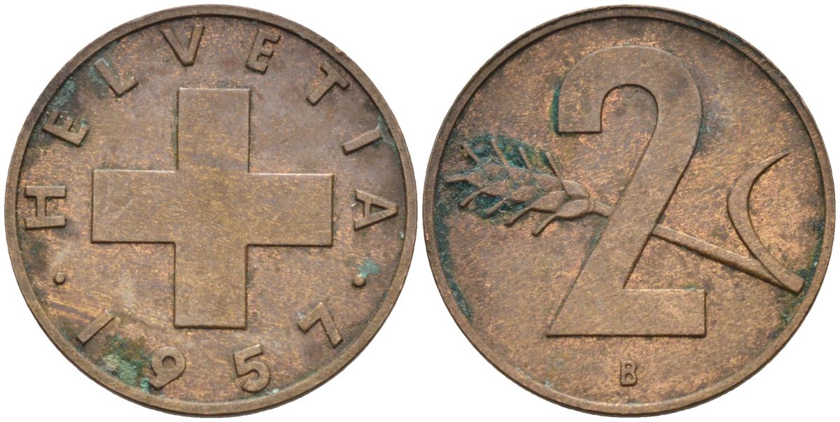 Швейцария 2 раппена 1957 В KM 47 бронза 4591-1144