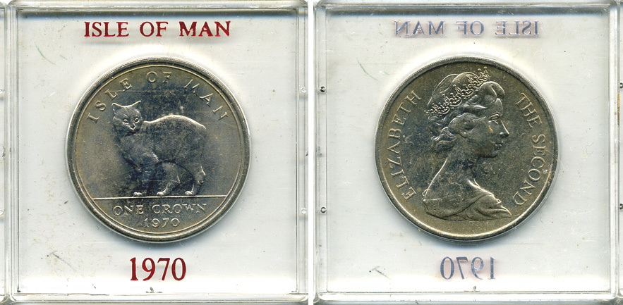 Остров Мэн 1 крона 1970 кошка Мэна, в оригинальной пластиковой коробке KM 18 медно-никель UNC 6-6-1-53