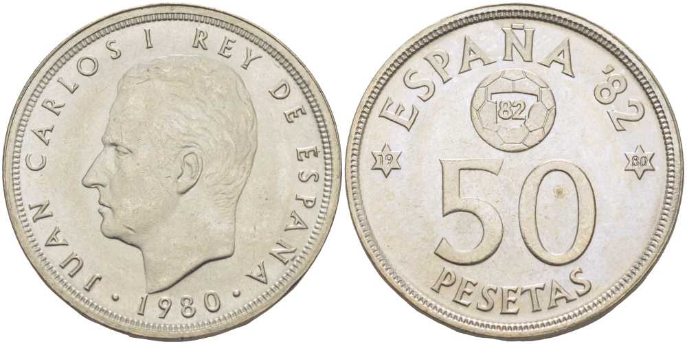 Испания 50 песет 1980 (80) чемпионат мира по футболу в Испании 1982 года, Хуан Карлос I (1975-) KM 819 медно-никель 3334-343