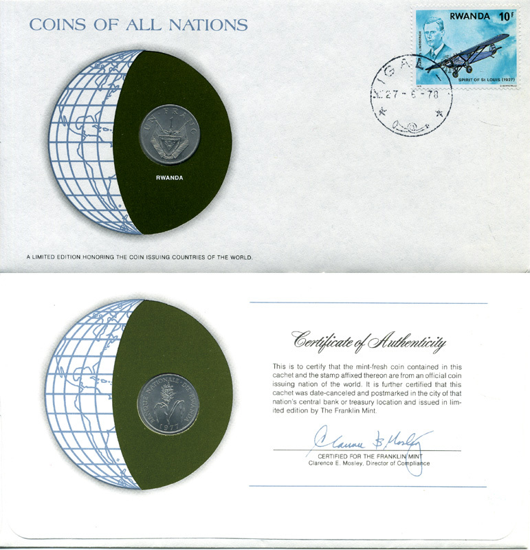 РУАНДА 1 ФРАНК 1977 конверт с маркой первого дня гашения, Coins of Nations KM 12 алюминий UNC 4294-18-2