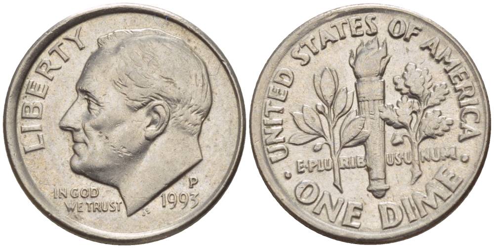 США 10 ЦЕНТОВ = 1ДАЙМ 1993 Р, РУЗВЕЛЬТ KM 195а медь плакированная медно-никелем 4544-245