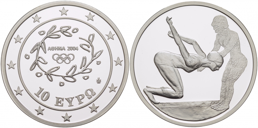 Греция 10 евро 2003 XXVIII летние Олимпийские игры 2004 года в Афинах, плавание KM 200 серебро PROOF 01-171-15