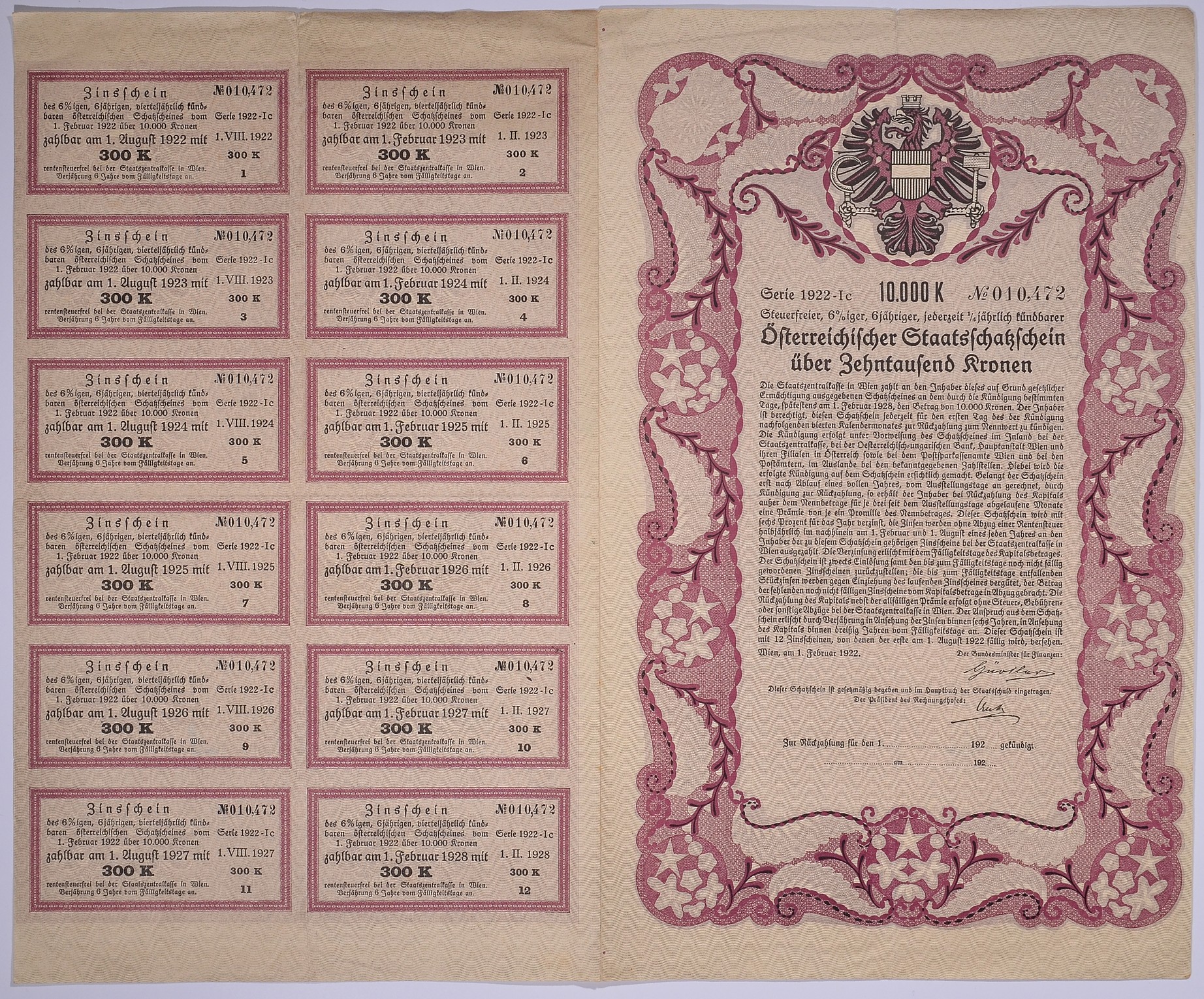 Австрия облигация на 10000 крон 1922 на предъявителя, ЗАЕМ 6 %, с купонами   бумага   5548-19-1-1