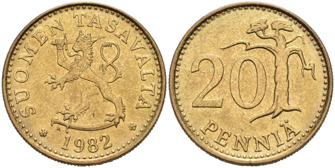 ФИНЛЯНДИЯ 20 ПЕННИ 1982 K KM 47 алюминиевая бронза 4563-332