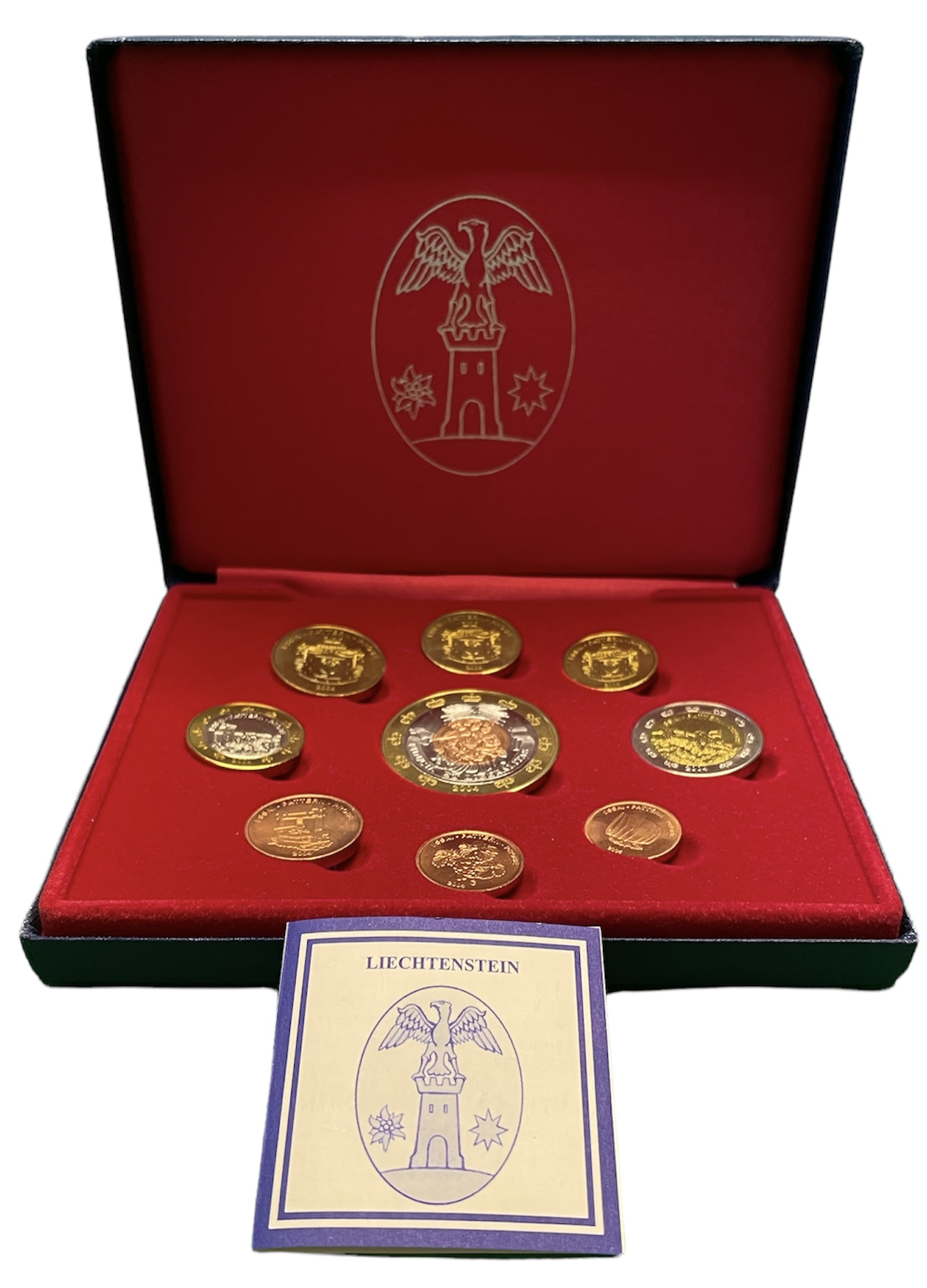 Лихтенштейн евронабор из 9 монет (с 5 евро) 2004 пробники, PROBA, в оригинальной коробке, с сертификатом    PROOF  4-3-4-10