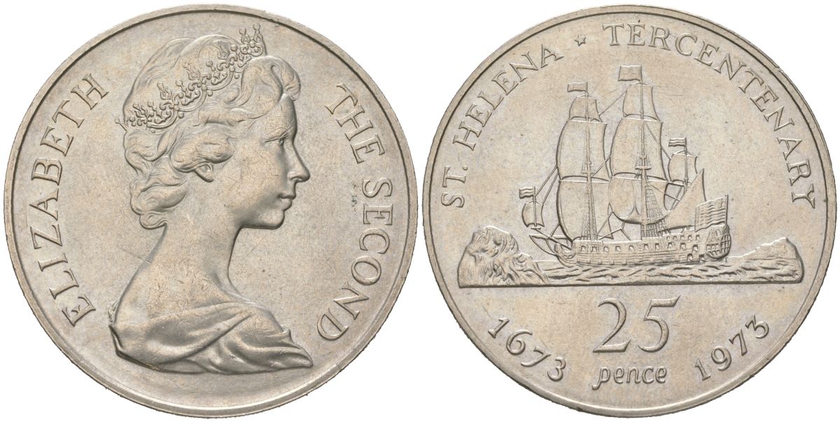 Остров Святой Елены 25 пенсов 1973 300 лет восстановлению британского владения островом KM 5 медно-никель BU 00-1067-6-64