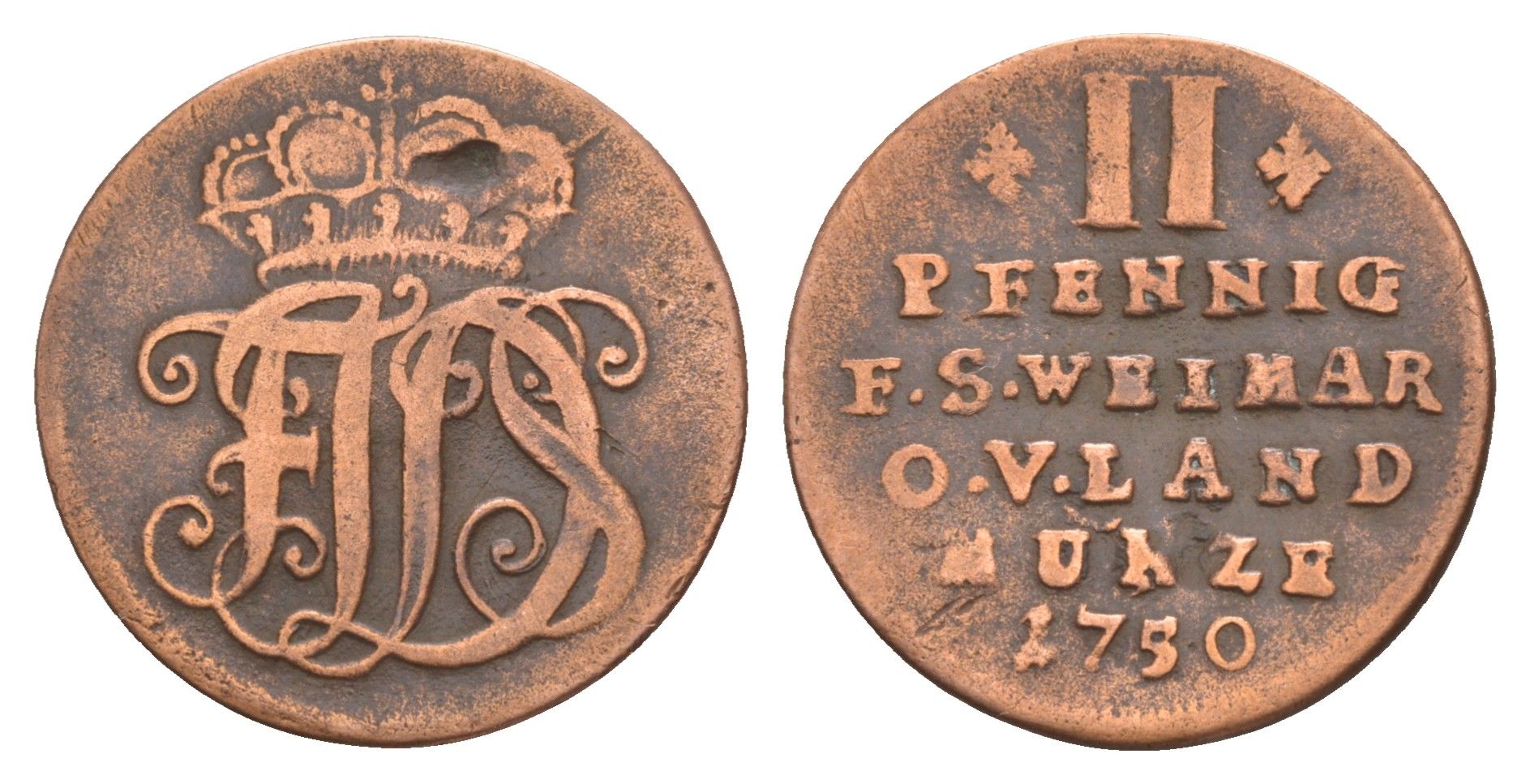 Саксен-Веймар-Эйзенах 2 пфеннига 1750 KM 57 медь 4654-847