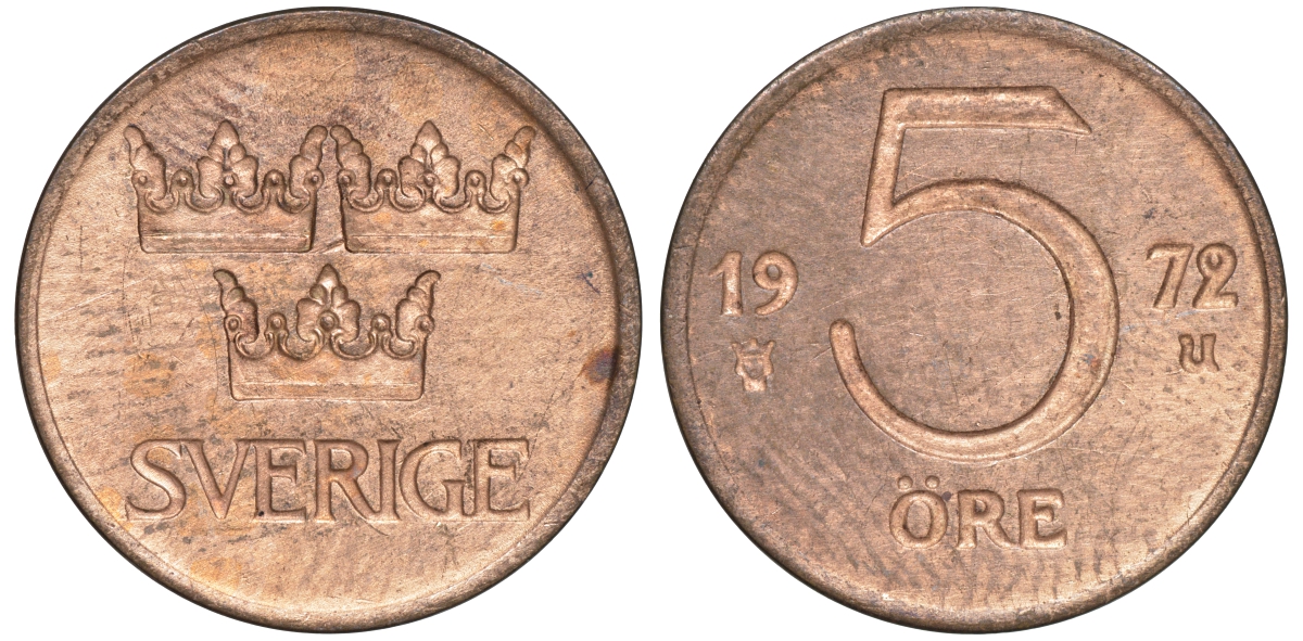 Швеция 5 эре 1972 Густав VI Адольф (1950-1973) KM 845 бронза 4609-1027