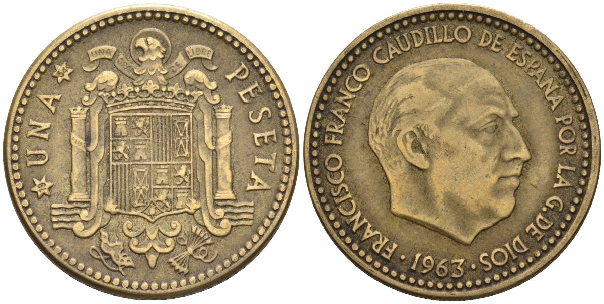 Испания 1 песета 1963 (64) Франсиско Франко (1939-1975) KM 775 алюминиевая бронза 4604-335