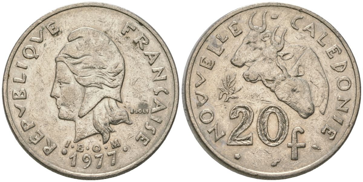 Французская Новая Каледония 20 франков 1977 три быка, (IEOM) KM 12, Schoen 14, Lec 107 никель 4120-641