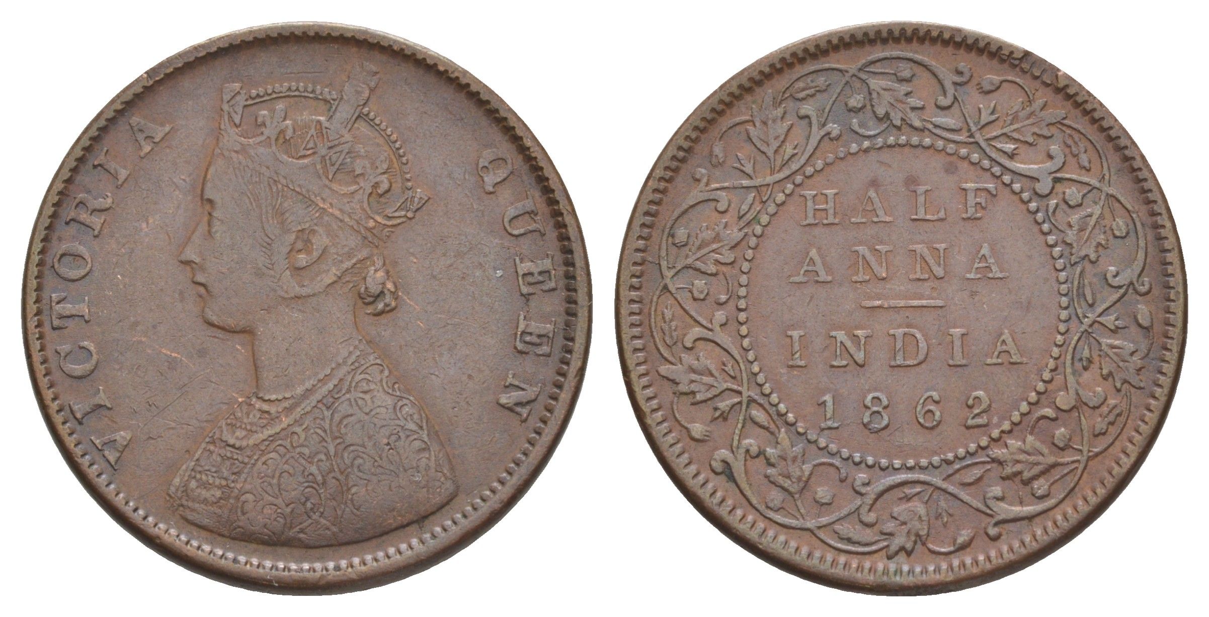 Британская Индия 1/2 анны 1862 Виктория (1837-1901) KM 468 медь 1517-323