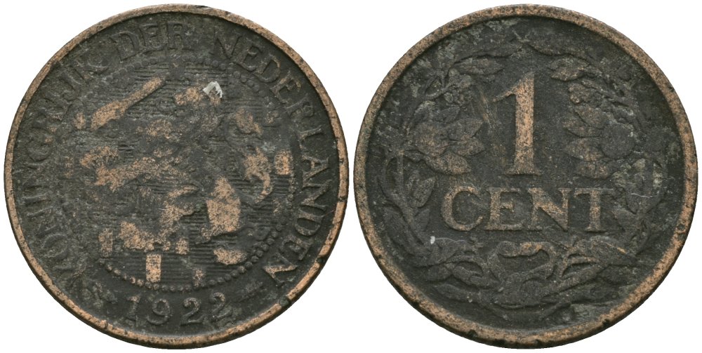 Нидерланды 1 цент 1922 Вильгельмина (1890-1948) KM 152 бронза 4576-1051