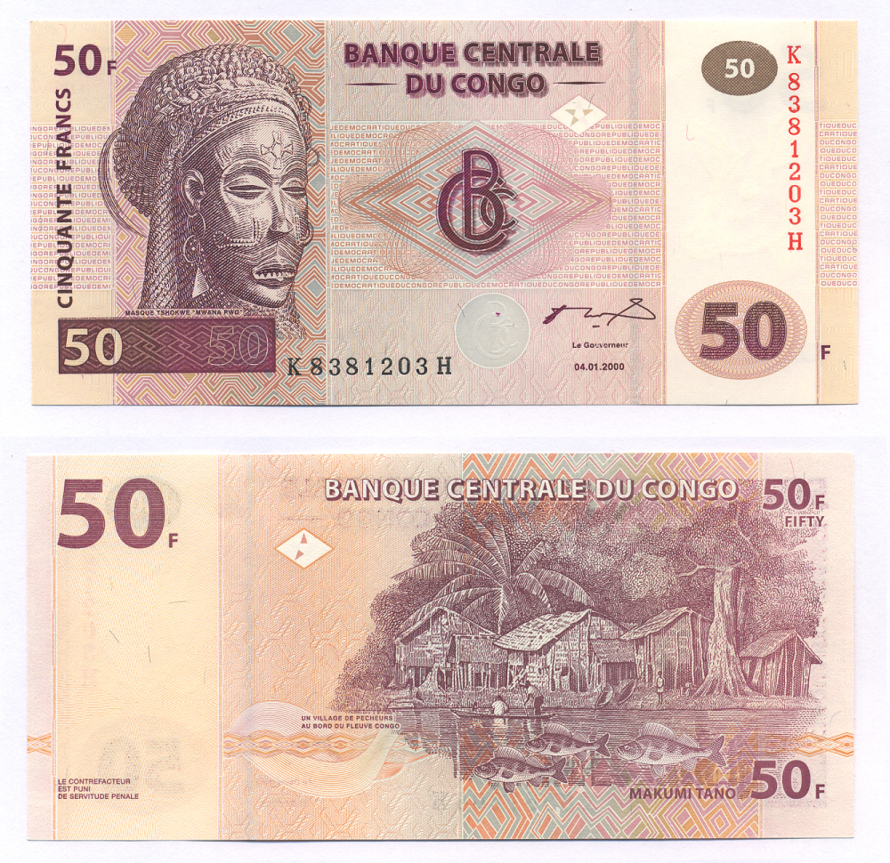 ДР Конго 50 франков 2000 маска, рыбаки, серия K-H Pick 91 бумага UNC (пресс) 7220-37-3