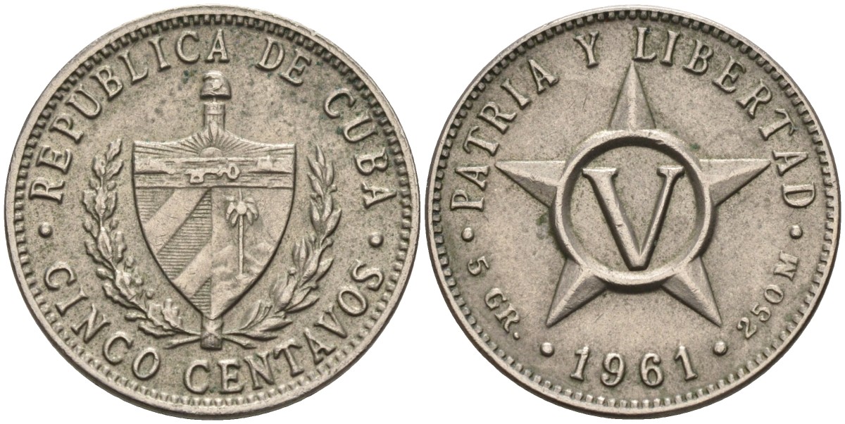 Куба 5 сентаво 1961 звезда, республика (1915-1961) KM 11.3 медно-никель 106-245