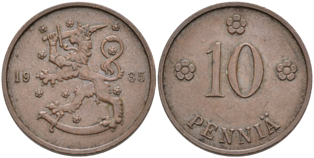 Финляндия 10 пенни 1935 республика (1918-1962) KM 24 медь 4563-616