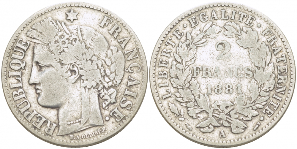 Франция 2 франка 1881 А, третья Республика KM 817.1 серебро 1515-511