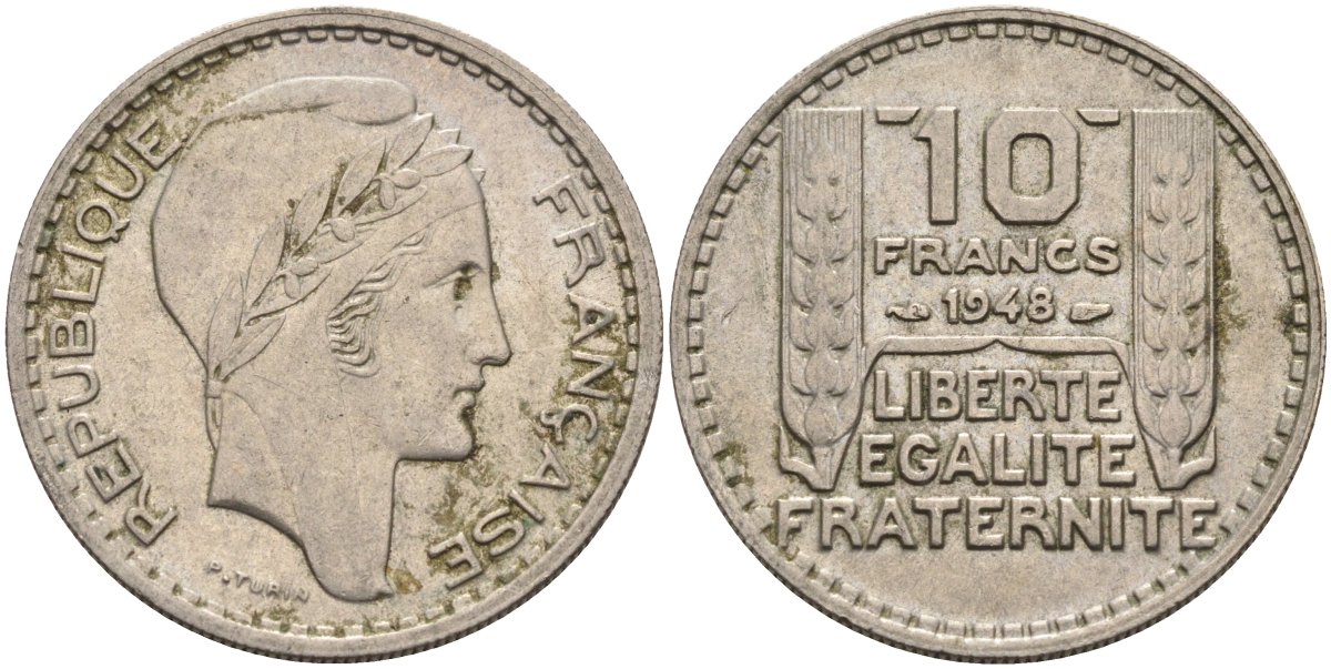 Франция 10 франков 1948 тип Пьер Турин KM 909.1, Le Franc 362.3 медно-никель 4590-736