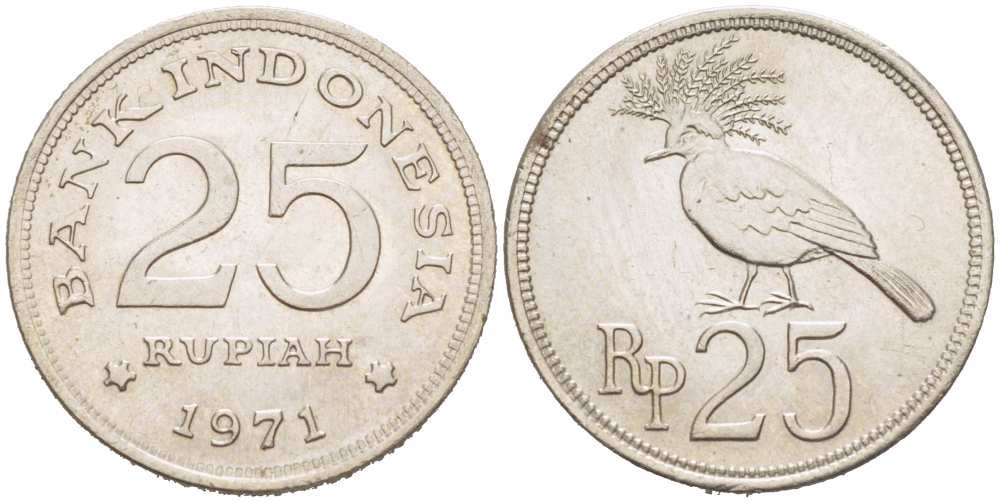 Индонезия 25 рупий 1971 венценосный голубь KM 34 медно-никель 217-436