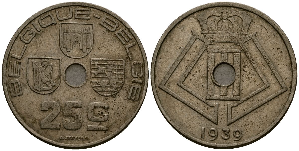 Бельгия 25 сантимов 1939 Belgique - Belgie KM 114 никель латунь 4382-341