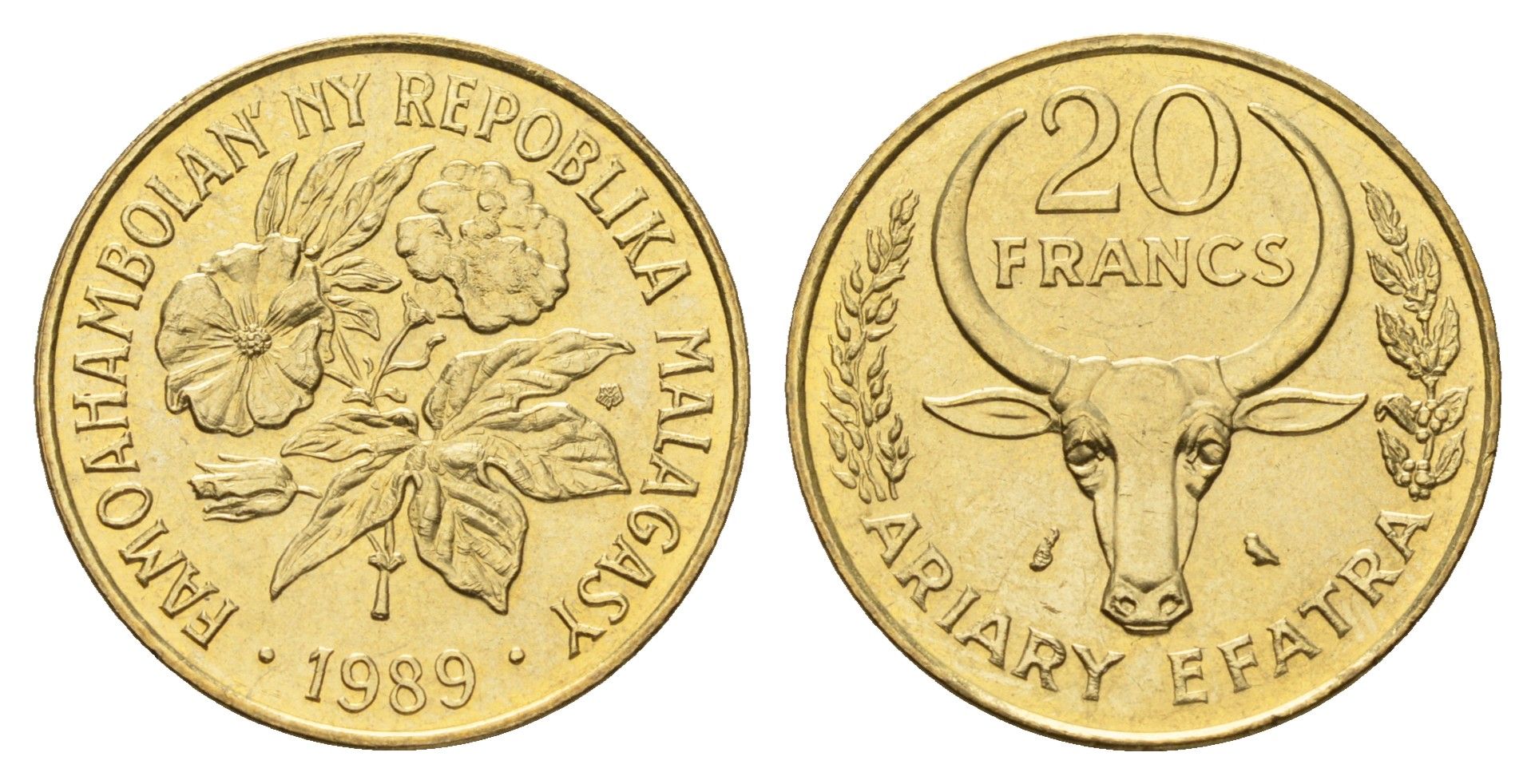 Мадагаскар 20 франков 1989 KM 12 алюминиевая бронза UNC 213-723